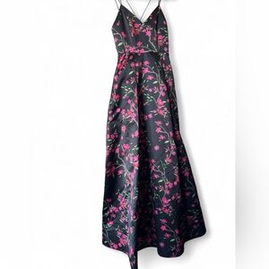Alice + Olivia Black Floral A-Line Maxi Dress with Pink Flowers